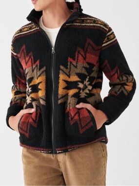 Faherty Doug Good feather high pile fleece zips up southwest Aztec print large